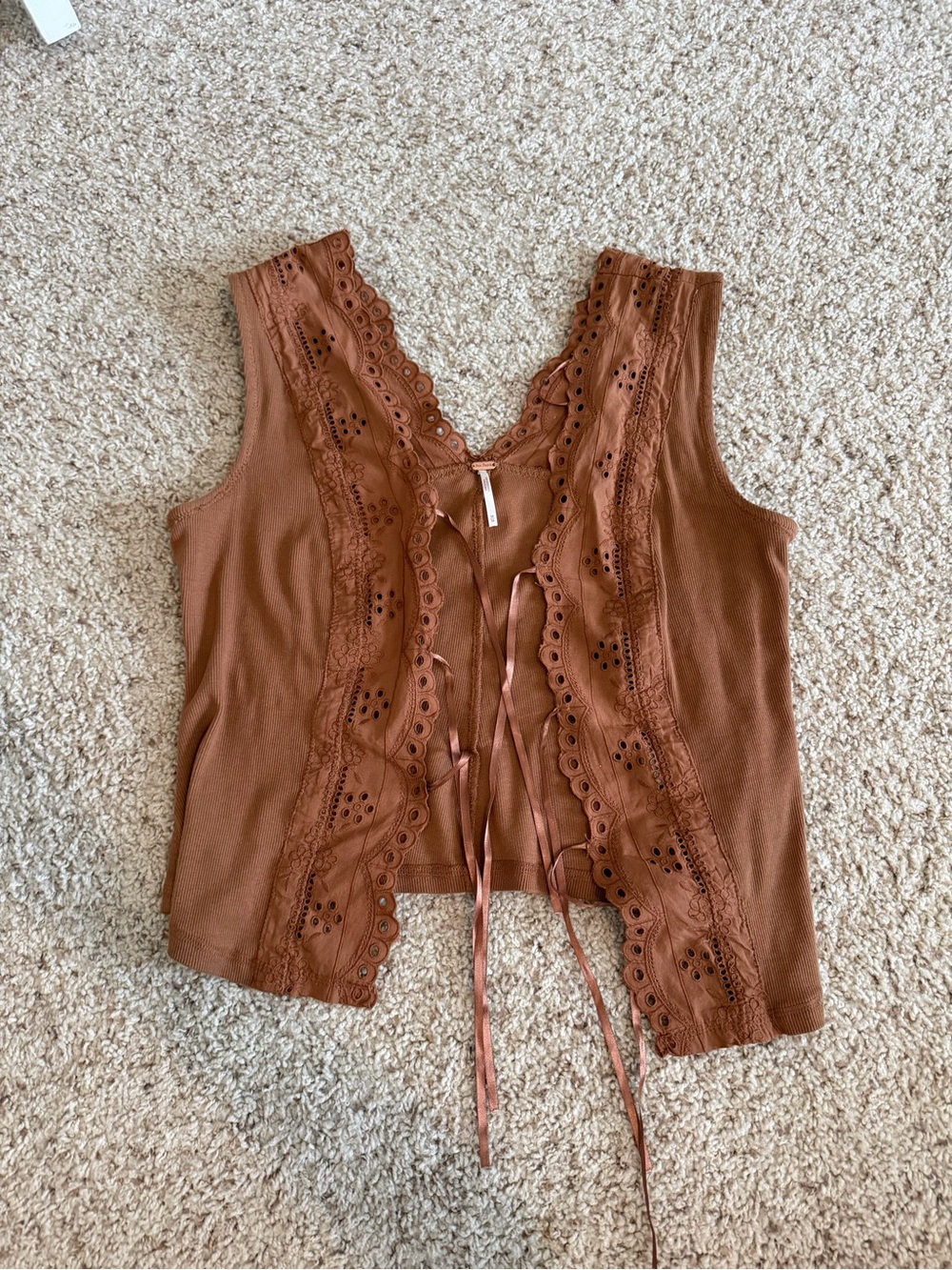 Free People Set Rust Brown Eyelet Tie-Front Camisole